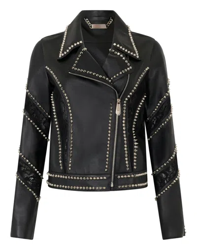 Philipp Plein Biker Jacket With Lace Inserts In Black
