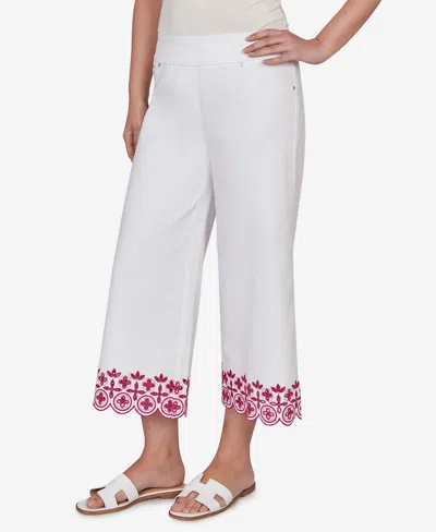 Ruby Rd. Petite Embroidered Hem Colored Denim Pull-on Crop Pants In White