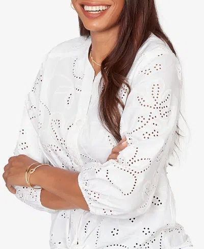 Ruby Rd. Petite Eyelet Puff Print Tie-front Top In White