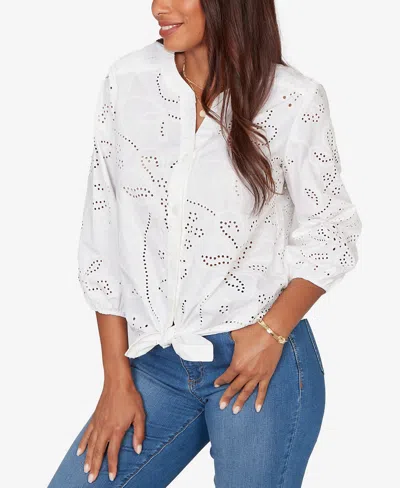 Ruby Rd. Plus Size Eyelet Puff Print Tie Front Top In White
