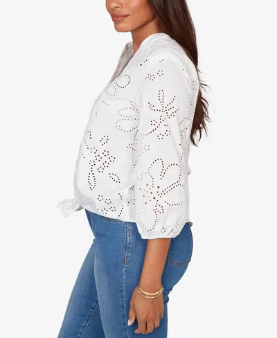 Ruby Rd. Plus Size Eyelet Puff Print Tie Front Top In White