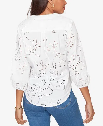Ruby Rd. Plus Size Eyelet Puff Print Tie Front Top In White