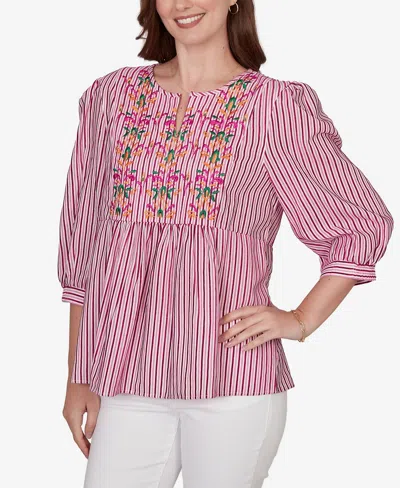 Ruby Rd. Plus Size Embroidered Placket Stripe Top In Multi