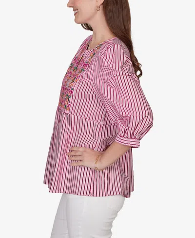 Ruby Rd. Petite Embroidered Placket Stripe Top In Pink