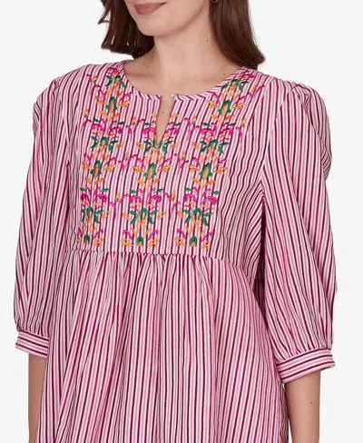 Ruby Rd. Petite Embroidered Placket Stripe Top In Pink