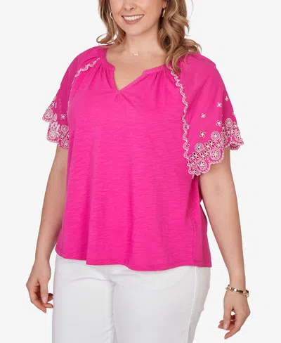 Ruby Rd. Plus Size Embroidered Sleeve Slub Knit Top In Multi