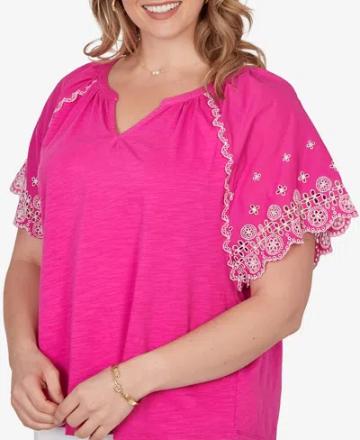 Ruby Rd. Plus Size Embroidered Sleeve Slub Knit Top In Multi