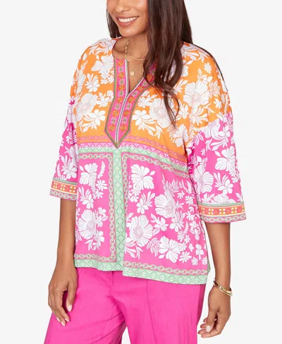 Ruby Rd. Petite Embroidered Placket Patchwork Knit Top In Multi