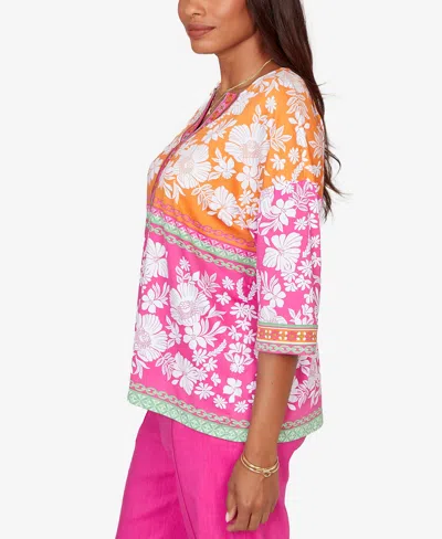 Ruby Rd. Petite Embroidered Placket Patchwork Knit Top In Multi