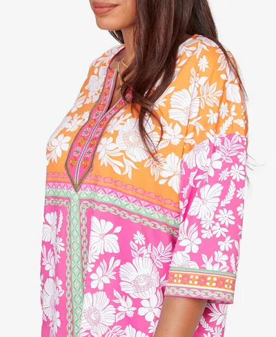 Ruby Rd. Petite Embroidered Placket Patchwork Knit Top In Multi