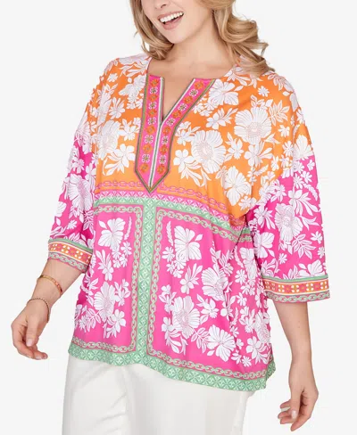 Ruby Rd. Plus Size Embroidered Placket Patchwork Knit Top In Multi