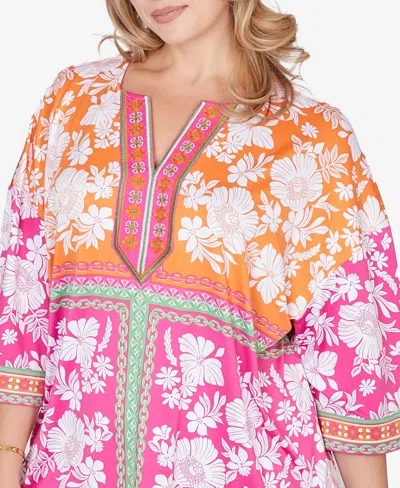 Ruby Rd. Plus Size Embroidered Placket Patchwork Knit Top In Multi