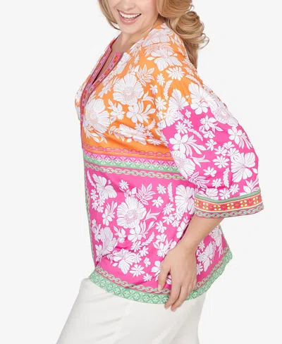 Ruby Rd. Plus Size Embroidered Placket Patchwork Knit Top In Multi