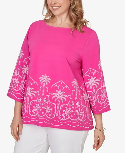 Ruby Rd. Plus Size Palm Tree Embroidered Knit Top In Pink