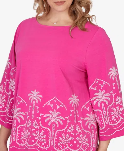 Ruby Rd. Plus Size Palm Tree Embroidered Knit Top In Pink