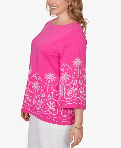 Ruby Rd. Plus Size Palm Tree Embroidered Knit Top In Pink