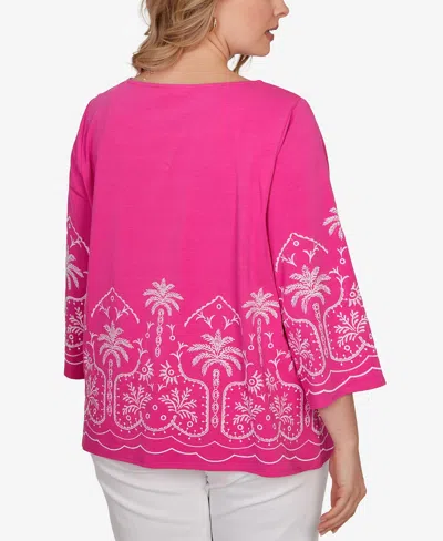 Ruby Rd. Plus Size Palm Tree Embroidered Knit Top In Pink