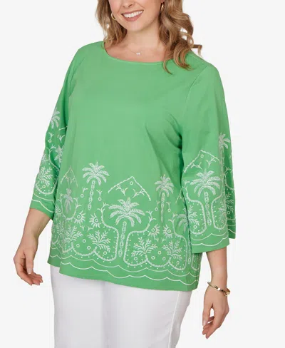 Ruby Rd. Plus Size Palm Tree Embroidered Knit Top In Green