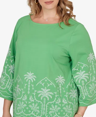 Ruby Rd. Plus Size Palm Tree Embroidered Knit Top In Green