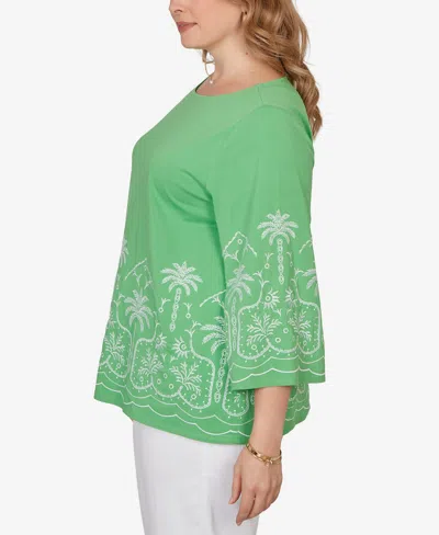 Ruby Rd. Plus Size Palm Tree Embroidered Knit Top In Green