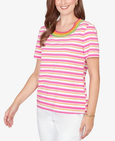 Ruby Rd. Petite Crochet Neck Stripe Knit T-shirt In Multi