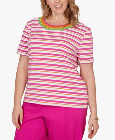 Ruby Rd. Plus Size Crochet Neck Stripe Knit Top In Multi