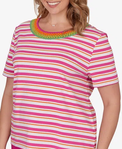 Ruby Rd. Plus Size Crochet Neck Stripe Knit Top In Multi