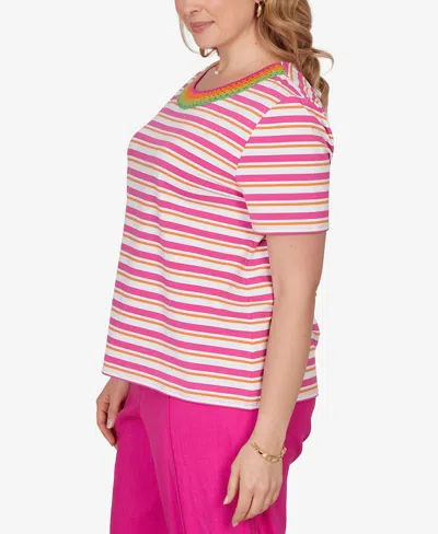 Ruby Rd. Plus Size Crochet Neck Stripe Knit Top In Multi