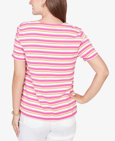 Ruby Rd. Petite Crochet Neck Stripe Knit T-shirt In Multi