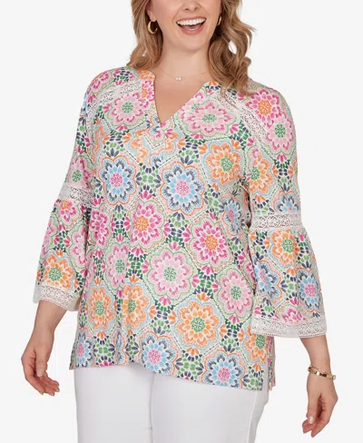 Ruby Rd. Plus Size Medallion Print Lace Detail Knit Top In Multi