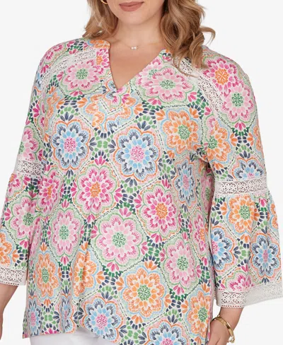 Ruby Rd. Plus Size Medallion Print Lace Detail Knit Top In Multi