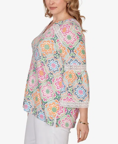 Ruby Rd. Plus Size Medallion Print Lace Detail Knit Top In Multi