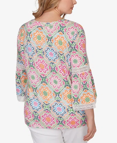 Ruby Rd. Plus Size Medallion Print Lace Detail Knit Top In Multi