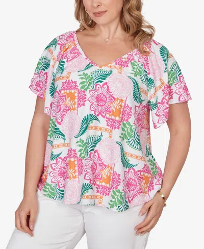 Ruby Rd. Plus Size Tropical Floral Eyelet Flutter Sleeve Top In Multi