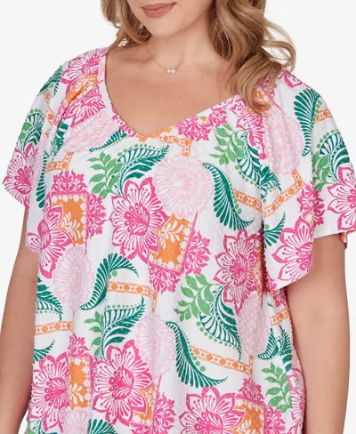 Ruby Rd. Plus Size Tropical Floral Eyelet Flutter Sleeve Top In Multi