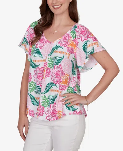 Ruby Rd. Petite Tropical Floral Eyelet Flutter Sleeve T-shirt In Multi