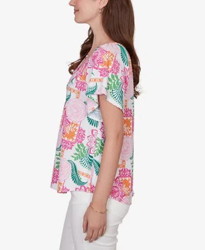 Ruby Rd. Petite Tropical Floral Eyelet Flutter Sleeve T-shirt In Multi