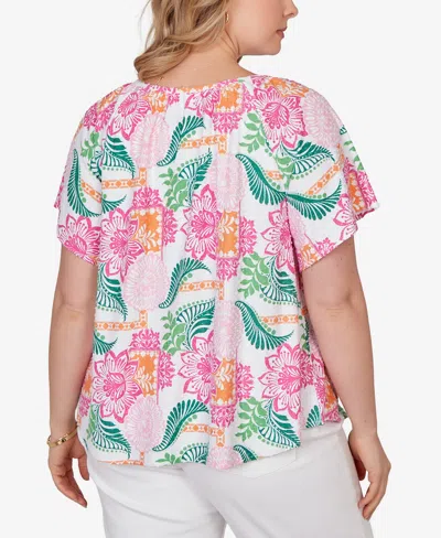 Ruby Rd. Plus Size Tropical Floral Eyelet Flutter Sleeve Top In Multi