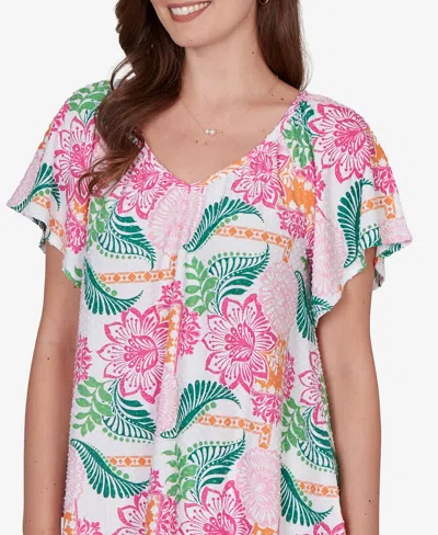 Ruby Rd. Petite Tropical Floral Eyelet Flutter Sleeve T-shirt In Multi