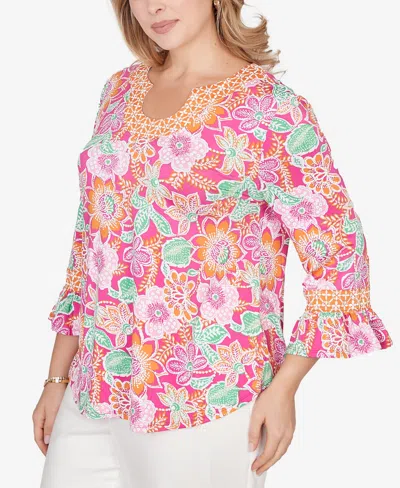 Ruby Rd. Plus Size Floral Puff Print Ruffle Sleeve Knit Top In Multi