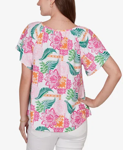 Ruby Rd. Petite Tropical Floral Eyelet Flutter Sleeve T-shirt In Multi