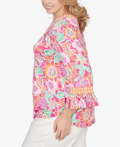 Ruby Rd. Plus Size Floral Puff Print Ruffle Sleeve Knit Top In Multi