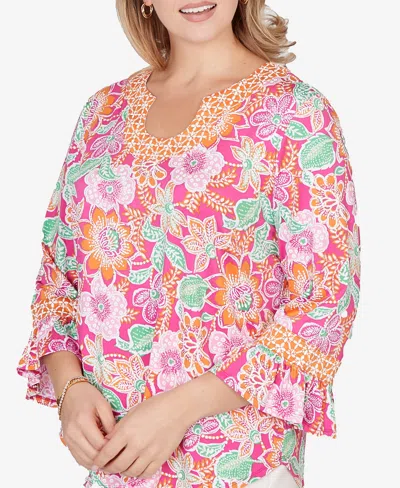 Ruby Rd. Plus Size Floral Puff Print Ruffle Sleeve Knit Top In Multi