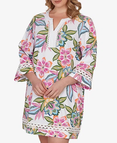Ruby Rd. Plus Size Bold Tropical Solid Trim Shift Dress In Multi
