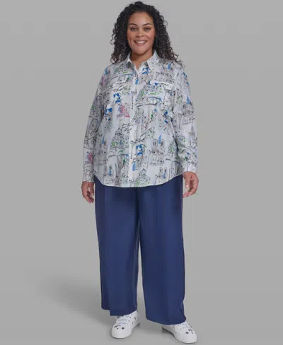 Karl Lagerfeld Plus Size Printed Collared Blouse In Gray