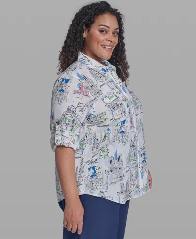 Karl Lagerfeld Plus Size Printed Collared Blouse In Gray