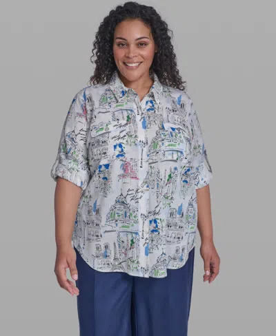 Karl Lagerfeld Plus Size Printed Collared Blouse In Gray