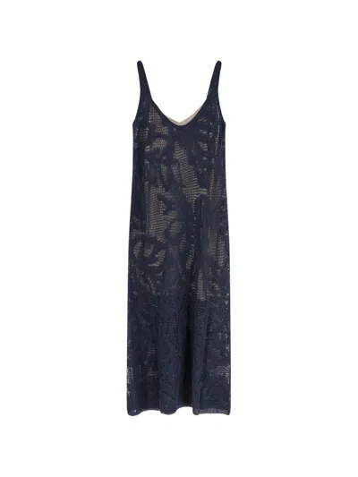 Brunello Cucinelli Leaf-patterned Maxi Dress In Blue