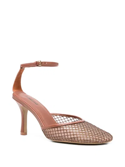 Lola Cruz Ruby Ankle Strap Net Pumps In Brown