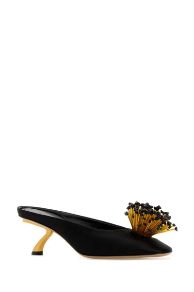 Ferragamo Black Sandals With Low Heel And Crystal Embellishment On The Front In Fabric Woman
